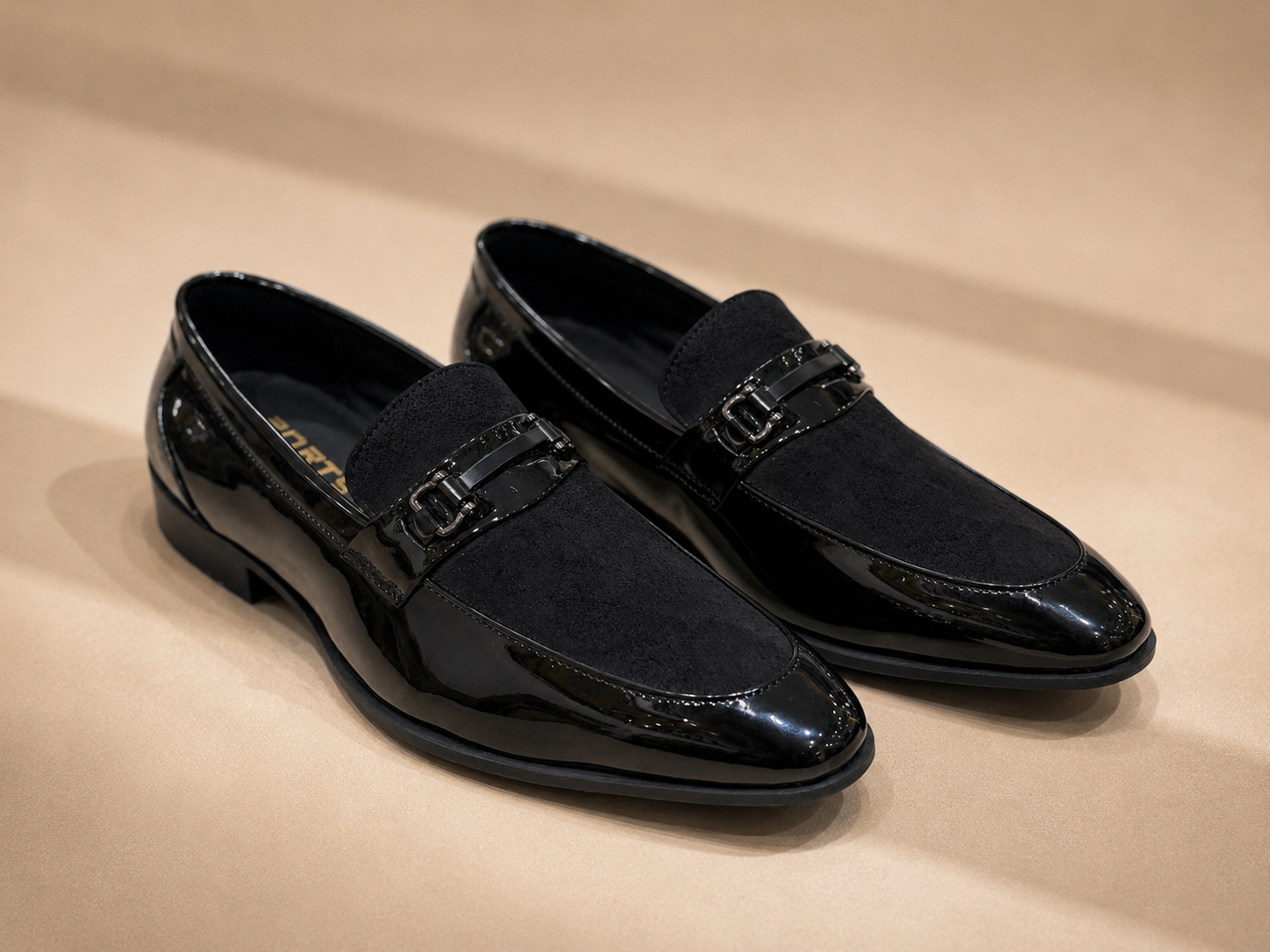 Patent Black Suede Buckle Loafer